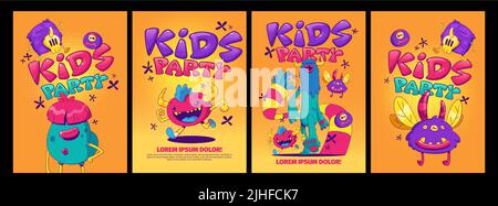Poster delle feste per bambini con simpatici mostri in stile artistico contemporaneo. Banner vettoriali di eventi per bambini con divertenti creature alieni comiche su sfondo arancione Illustrazione Vettoriale