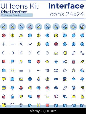 Set di icone dell'interfaccia utente a colori RGB perfette per pixel, comprensibili e dall'aspetto semplice Illustrazione Vettoriale