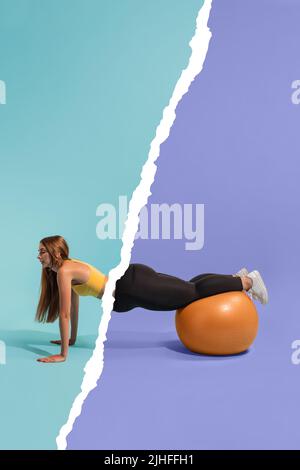 Collage concettuale con giovane ragazza slim con il corpo della donna più-size facendo esercizi isolati su sfondo colorato. Perdita di peso, fitness, sano Foto Stock