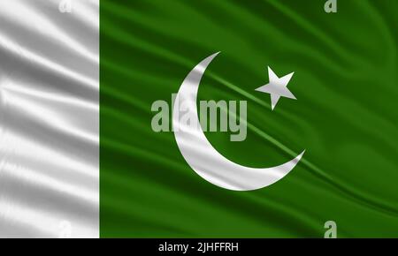 Disegno della bandiera del Pakistan. Bandiera pakistana ondulata in raso o tessuto di seta. Illustrazione vettoriale. Illustrazione Vettoriale