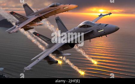 F/A-18 della US Air Force lanciare razzi in alta velocità passare sopra le nuvole Foto Stock