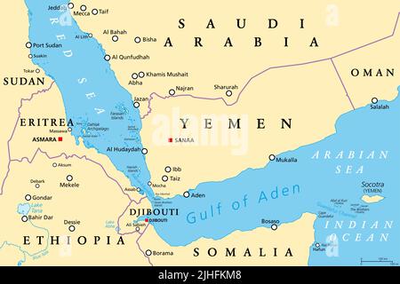 Area del Golfo di Aden, mappa politica. Golfo tra Yemen, Gibuti, il canale di Guardafui, Socotra e Somalia, che collega l'Arabia e il Mar Rosso. Foto Stock