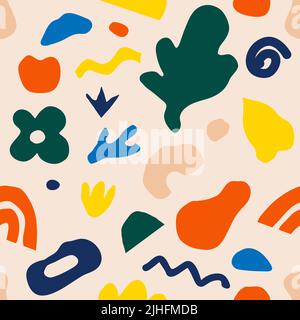 Motivo retro senza cuciture dalla forma audace. Forme astratte, sfondo estivo. Ornamento alla moda, banner di memphis disegnato a mano, illustrazione di un doodle d'epoca Illustrazione Vettoriale
