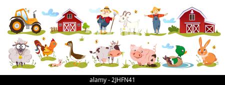 Farm set con animali carini, carattere contadino, fienile case, trattore giallo e scarabaggio su sfondo bianco. Casale in legno o stalla con cartoon divertente allevamento animali domestici illustrazione vettoriale piatto. Illustrazione Vettoriale