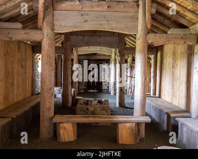 Una replica Viking lunga casa a Haroldswick su Unst, Shetland, Scozia, Regno Unito. Foto Stock