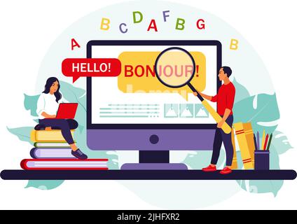 Concetto di traduzione e servizio di traduzione. Persone che utilizzano la traduzione online. Traduzione di una lingua straniera. Illustrazione vettoriale. Piatto isolato. Illustrazione Vettoriale