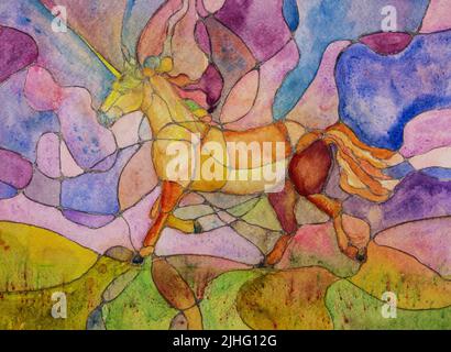 Unicorno con coloratissimi motivi geometrici. La tecnica di dabbing vicino ai bordi dà un effetto di fuoco morbido dovuto la ruvidità superficiale alterata del p Foto Stock