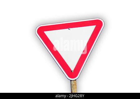 Segnaletica stradale rossa isolata. Sfocatura vuoto triangolo vuoto rosso spia strada su sfondo bianco. Direzione di pericolo. Ombra. Fuori fuoco Foto Stock