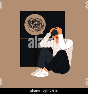 Depresso triste giovane uomo che pensa ai problemi. Fallimento, perdita, crisi, concetto di guai. Illustrazione Vettoriale