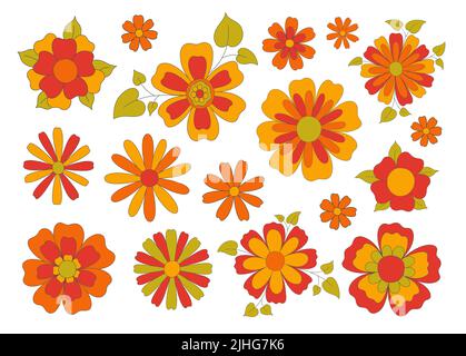 Hippie funky stile Vibe set di fiori. Vintage 1960-1970.tutti gli elementi sono isolati. Sfondo Hippy retrò. Stampa retrospettiva del simbolo Illustrazione Vettoriale