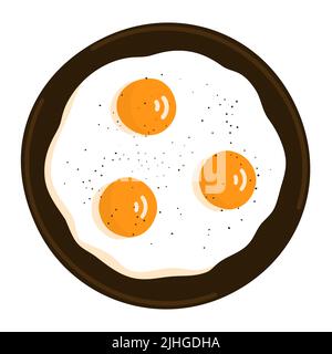Uova fritte cotte in una padella. Frittata nutriente. Colazione gustosa. Teglia calda. Cibo sano. Prodotto di pollo proteico. Isolat. Illustrazione vettore piatto Illustrazione Vettoriale