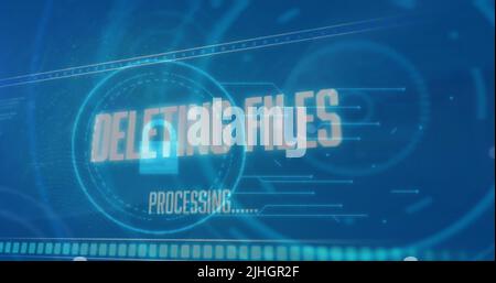 Immagine dell'elaborazione dei dati su schermi in movimento su sfondo blu Foto Stock