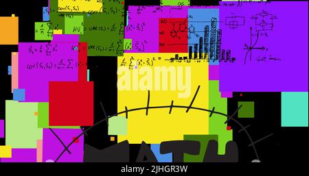 Immagine del testo matematico e delle equazioni matematiche su quadrati colorati su sfondo nero Foto Stock