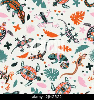 Modello senza giunture con rettili e foglie tropicali. Illustrazione vettoriale di lucertola, camaleonte, tartaruga marina con simboli tribali aztec. Estate colorato AN Illustrazione Vettoriale