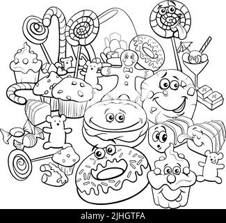 Illustrazione cartoon in bianco e nero di prodotti alimentari dolci objet e caramelle oggetti gruppo coloring page Illustrazione Vettoriale