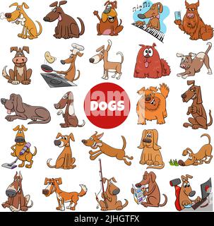 Illustrazione cartoon di cani e cuccioli animali da compagnia personaggi comici grande set Illustrazione Vettoriale