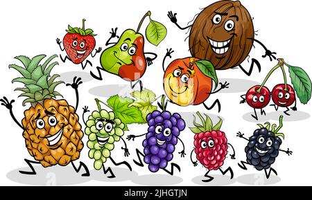 Illustrazione cartoon di divertente gruppo di personaggi fumetti di frutta Illustrazione Vettoriale
