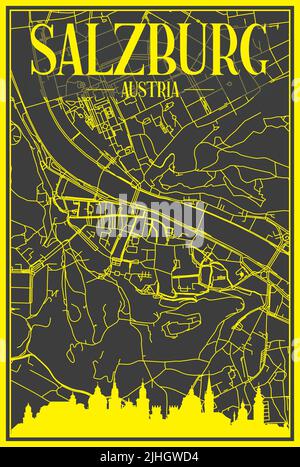 Poster dello skyline della città disegnato a mano con la rete di strade del centro di SALISBURGO, AUSTRIA Illustrazione Vettoriale