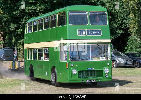 Green 1969 autobus a due piani Bristol (BLMC), un autobus Southern Vectis dall'Isola di Wight, ad un evento di trasporto Hampshire, Inghilterra, Regno Unito Foto Stock