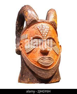 Pezzo di testa - particolare di una maschera africana - Kuba ( Kete ), inizio 20th ° secolo - legno, pigmenti, rame permettono, fibra vegetale Foto Stock