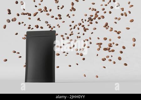 Busta nera sacchetto mockup cadere caffè fagioli bianco satinato podio sfondo bianco 3D render.Merchandise pubblicità confezione minimal design sacchetto bianco Foto Stock
