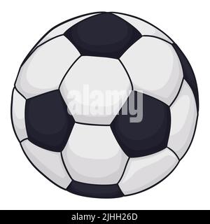 Vista della tradizionale palla da calcio bianca e nera in stile cartone animato. Illustrazione Vettoriale