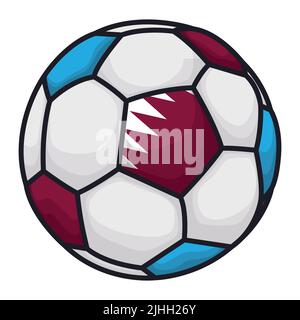 Pallone da calcio in stile cartoon con colori blu e maroon, anche con la bandiera del Qatar al centro. Illustrazione Vettoriale