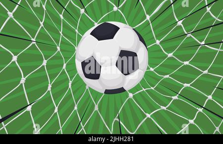 Vista in primo piano di una palla di calcio che entra in una rete, segnando un gol. Design in stile cartone animato. Illustrazione Vettoriale