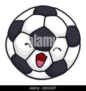 Palla di calcio carina e super felice, in occasione della prossima partita sportiva. Design in stile cartoon su sfondo bianco. Illustrazione Vettoriale
