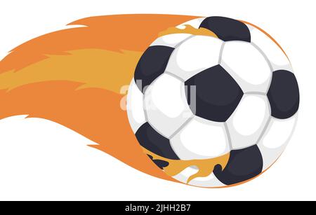 Pallone da calcio veloce con percorso di fiamme intorno ad esso. Design isolato in stile cartone animato. Illustrazione Vettoriale