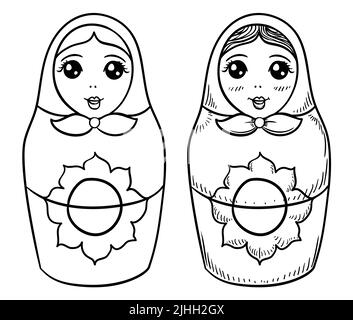 Simpatico paio di bambole Matryoshka femmina, con cappuccio e fiori di design diverso: Una in profilo e l'altra in stile disegno a mano. Illustrazione Vettoriale