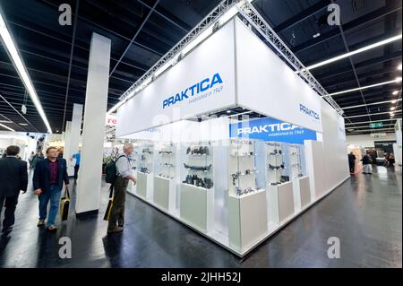 Colonia, Germania - settembre 25 2010: Stand Praktica a Photokina. Foto Stock