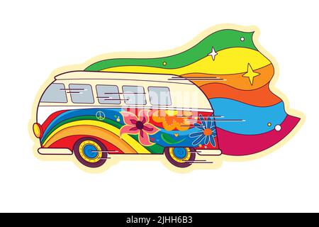 Pulmino Hippie, 70s, 60s adesivo in stile vintage decorato con arcobaleno e fiori psichedelici. Illustrazione vettoriale in stile retrò Illustrazione Vettoriale