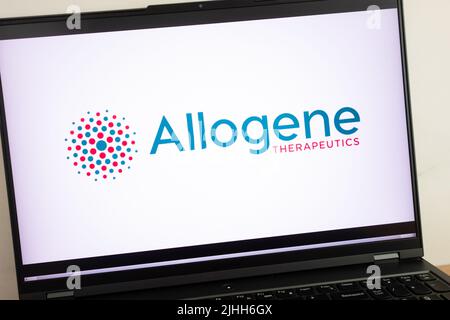 KONSKIE, POLONIA - 18 luglio 2022: Il logo dell'azienda Allogene Therapeutics viene visualizzato sullo schermo del computer portatile Foto Stock