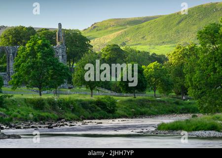 Bolton Abbey (splendida rovina storica lungo il fiume, fiume tortuoso, colline ondulate al sole, serata estiva) - Wharfedale Yorkshire Dales, Inghilterra, Regno Unito Foto Stock