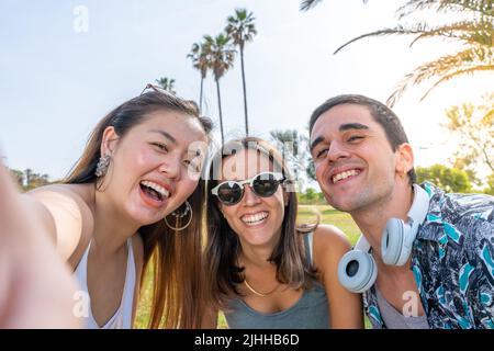 Selfie di diversi gruppi felici di amici ridere e tenere gli uni gli altri in spiaggia. Foto Stock