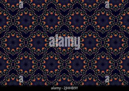 Sfondo blu scuro per tessuto da ghirlande ricamate con fiori rosa e germogli accanto a fiori blu e al centro con retroilluminazione e ra Foto Stock