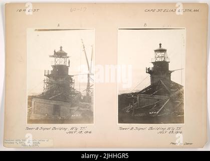 AK - Capo St. Elias. Stazione della luce di Cape St. Elias, Alaska. Torre e edificio del segnale, W'ly 75'. Foto Stock