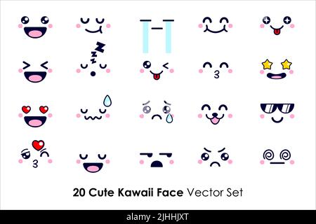 Carino cartoon di espressioni facciali Kawaii con set vettoriale stile Chibi Illustrazione Vettoriale