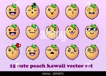 Carino Cartoon Peaches frutta con facce Kawaii e Chibi Style Emoticon Vector Set Illustrazione Vettoriale