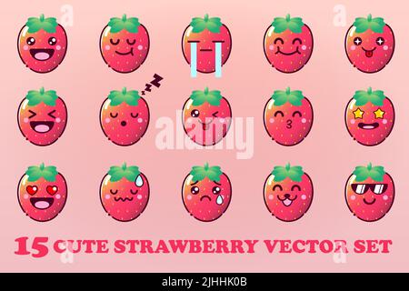 Carino Fragola Cartoon con facce Kawaii e set di Etoticon Chibi Style Illustrazione Vettoriale