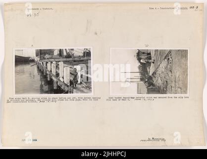 CIAO - Honolulu. Pier 4 Construction, Honolulu, Oahu, Hawaii. Afferrare il materiale di deposito della benna che è stato fissato dallo scivolo nel retro di riempimento della parete E. Foto Stock