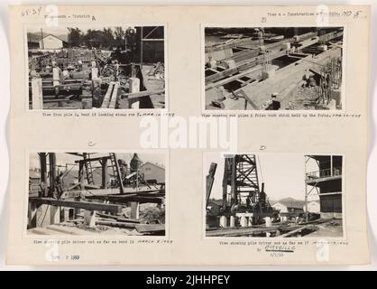 CIAO - Honolulu. Pier 4 Construction, Honolulu, Oahu, Hawaii. Vista che mostra mucchi tagliati e falsi lavori che tenevano i moduli. Foto Stock