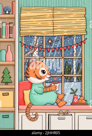 Nuovo anno carino bambino ragazza tigre illustrazione vettoriale Illustrazione Vettoriale