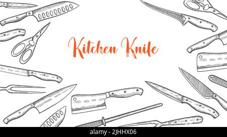 collezione di coltelli da cucina con disegno a mano per sfondo modello poster illustrazione vettoriale Foto Stock