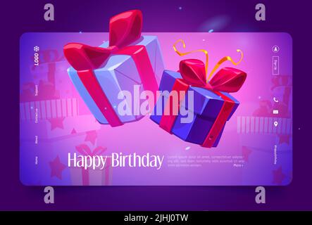Buon compleanno cartoon landing page con confezioni regalo confezionate, promozione festiva con regali per il cliente, sorpresa per il cliente, vendita o coupon per lo shopping, invito festa, banner web Vector Illustrazione Vettoriale