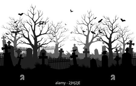 Vecchia silhouette del cimitero, cimitero abbandonato nella notte di Halloween, sfondo vettoriale. Spaventoso cimitero spoky con tombe, lapidi e lapidi con pipistrelli su alberi e nebbia cielo Illustrazione Vettoriale