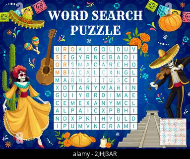 Mexican dia de Los Muertos giorno delle vacanze morte parola ricerca puzzle foglio di lavoro gioco, bambini quiz griglia. Vettore sombrero, marigold, maracas, chitarra, cactus, pane, violino, mariachi, candela, zucca, piramide Illustrazione Vettoriale