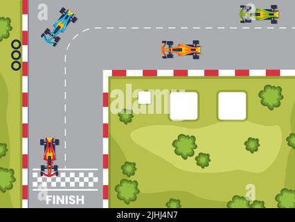 Formula Racing Sport Car raggiungi su Race Circuit la linea di finitura Cartoon Illustrazione per vincere il campionato in Flat Style Design Illustrazione Vettoriale