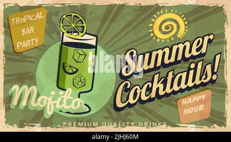 Banner retrò Summer Mojito cocktail. Sala cocktail con sfondo vintage, carta vecchia testurizzata graffiata Illustrazione Vettoriale